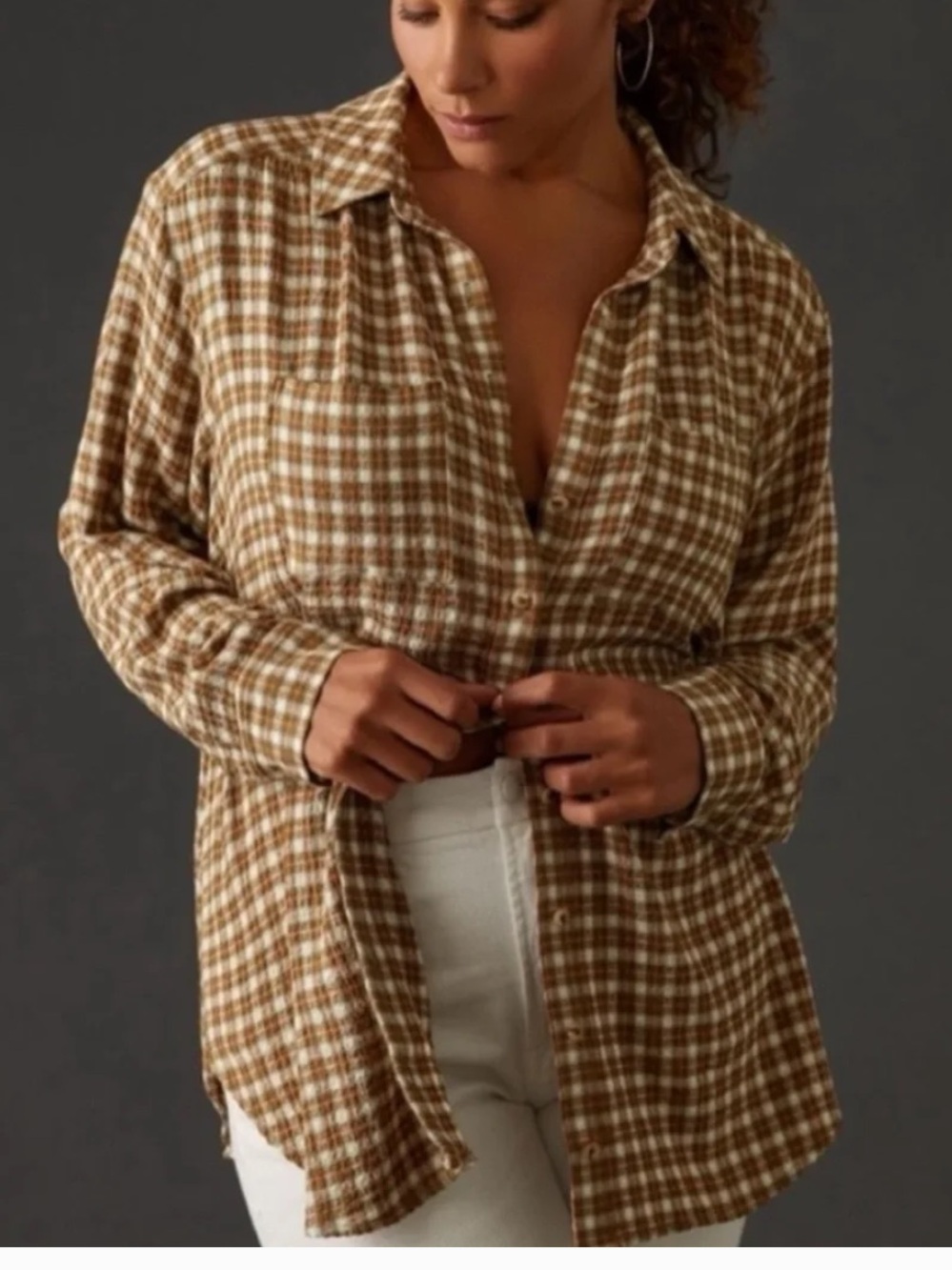 Anthropologie Pilcro Plaid Olive/Orange Button Down Shirt top size S